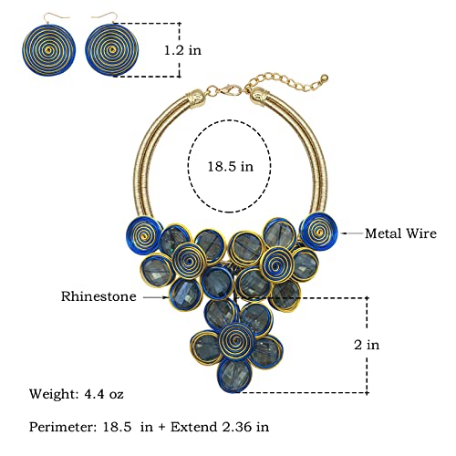Statement Chunky Flower African Necklace For Women Tribal Fashion Costume Jewelry Earring Sets Unique Big Colorful Rhinestone Crystal Pendent Collar Choker Bib Handmade - color: Three Flowers Blue + Gold