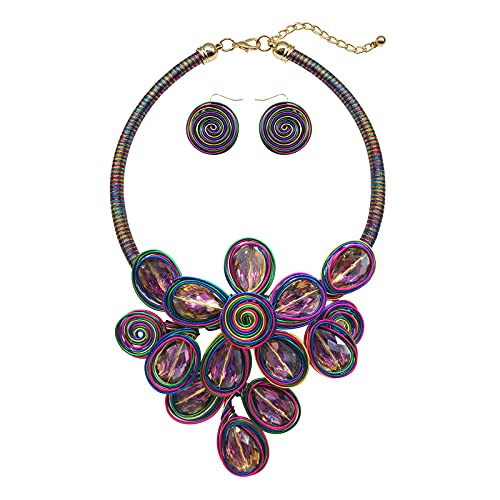 Statement Chunky Flower African Necklace For Women Tribal Fashion Costume Jewelry Earring Sets Unique Big Colorful Rhinestone Crystal Pendent Collar Choker Bib Handmade - color: flowers colorful