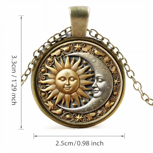 1pc Stunning Round Pendant Necklace - Unique Sun & Moon Pattern, Oil Painting Style Glass Mosaic, Alloy Construction, Trendy Sweater Chain, Fashionable Gift for Women - Christmas or Birthday Gift - color: Gray Moon (Bronze)