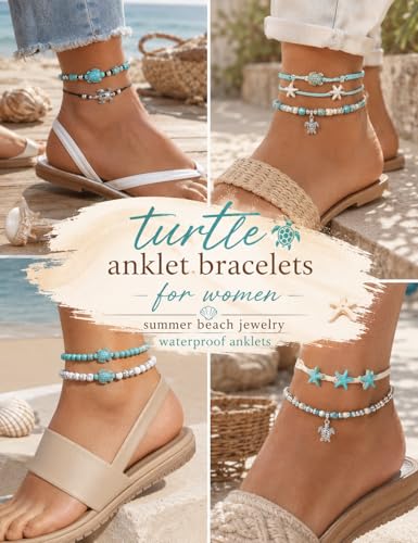 FASACCO 10 PCS Turtle Ankle Bracelets for Women Waterproof Handmade Starfish Sea Turtle Bracelet Adjustable Boho Summer Beach Bracelets for Women Men Bahamas Souvenirs