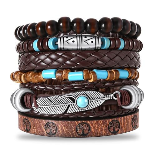 Turquoise Leather Western Bracelets for Women Men Bohemian Retro Turquoise Wrap Bracelets Exquisite Layered Stacked Cowboy Cowgirl Bracelet Western Country Concert Outfits Leather Cuff Bracelet for Women - style: Feather