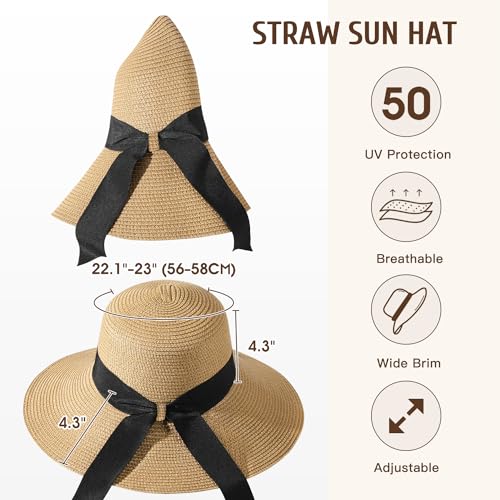 Beach Hats for Women, Sun Straw Hat for Women, UPF 50+ UV Sun Protection Sun Hat Womens, Foldable Floppy Sun Hat - color: N-khaki