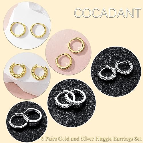 Cocadant 6 Pairs 925 Sterling Silver Small Hoop Earrings for Women,14k Real Gold Hypoallergenic Tiny Cubic Zirconia Cartilage Huggie Earring Sets for Multiple Piercing Trendy Jewelry 8/10/12mm - color: 3 Pairs Gold and Silver CZ+Smooth+Twisted Huggie Earr