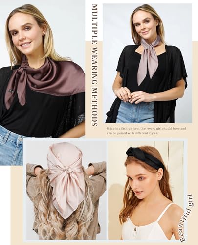 AWAYTR 27.5” Silk Satin Square Head Scarf - 4PCS Satin Head Scarves for Women Hair Kerchief Bandanas Sleeping Head Wraps - color: Solid Color(black/Coffee//Apricot/Light Khaki)