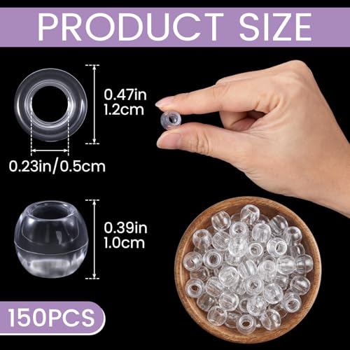 OIIKI 150pcs Clear Hair Beads for Braids, Plastic Loc Dreadlock Large Hole Pony Beads, Crystal Hair Bead Assortments Decoration for Jewelry Making Bracelets Necklaces DIY Crafts- 0.47x0.39in