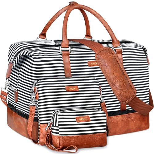 IBFUN Weekender Bags for Women, 21" Weekender Travel Bag, Travel Duffle Bag with Shoe Compartment Carry on Overnight Duffel Bag for Weekend Travel Business Trip, 3PCS - color: A1-Black Strip