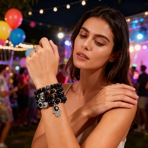 Bohemian Bracelet Sets for Women - 4-Pack Stackable Stretch Bead Bracelets with Black＆White Crystal & Gold Accessories, Multi-Layer Boho Jewelry - color: Color AA-2