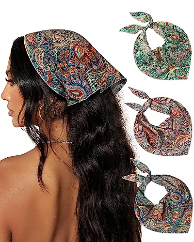 AWAYTR 3Pcs Hair Bandanas Head Kerchief for Women Girls Tie-Back Boho Hair Scarf Headband Bandana Triangle Head Scarf - color: Cashew - Green / Yellow / Blue