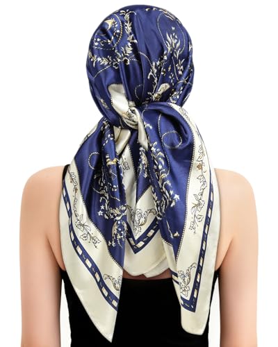 Satin Scarf and Hair Net - 2 in 1 Silk Scarf and Wrap Cap Hair Net for Silk Press, Protective Night Cover Prevents Frizz - color: Navy Blue