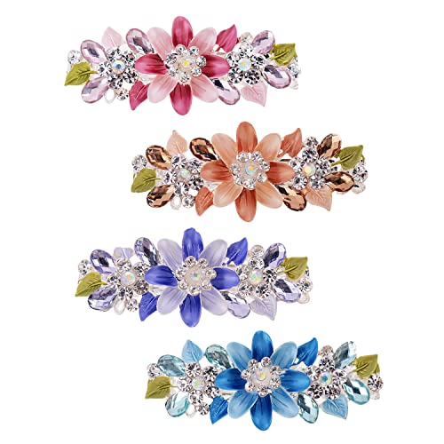 inSowni 4 Pack Glitter Sparkly Gems Crystal Rhinestones Flower Metal French Barrettes Floral Alligator Snap Hair Clips Accessories for Women Girls - color: Pink, Champagne, Blue and Purple