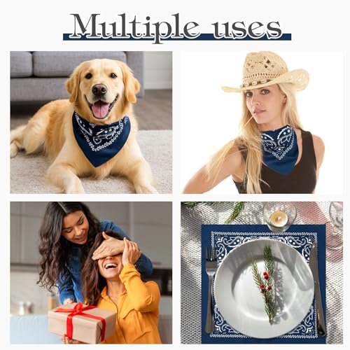 Blulu 12 Pack Neon Bandanas Bulk Multi Purpose Paisley Cowboy Bandanas for Men Women Headband Western Music Festival Rave - color: Denim Blue