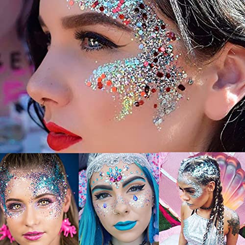 MEICOLY 50ml Holographic Blue Face Glitter Gel,4th of July Body Glitter Outfits for Women,Self-Adhesive Waterproof USA Flag Hair Glitter Makeup for Independence Day Rave Memorial Day 250th Anniversary - color: blue body glitter