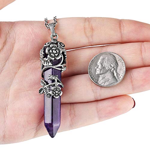 Top Plaza Antique Silver Flower Wrapped Natural Amethyst Healing Crystal Necklace - color: Amethyst
