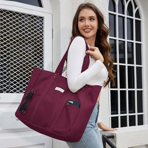 HOMESPON Large Canvas Tote Bag for Women Everything Bag with Pockets and Laptop Sleeve - color: Maroon