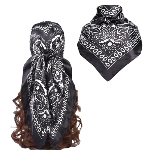 35” Satin Large Square Head Scarves-Like Silk Satin Scarf for Hair Wrapping at Night Bandana Square Scarf for Sleeping - color: Little Water Drop-black