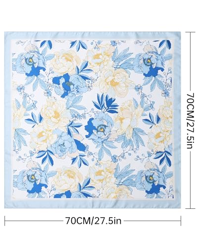AWAYTR 27.5” Square Satin Head Scarf Hair Scarf for Women's Hair Silk Bandana for Women Silk Head Wrap for Sleeping - color: Flower (Light Blue)