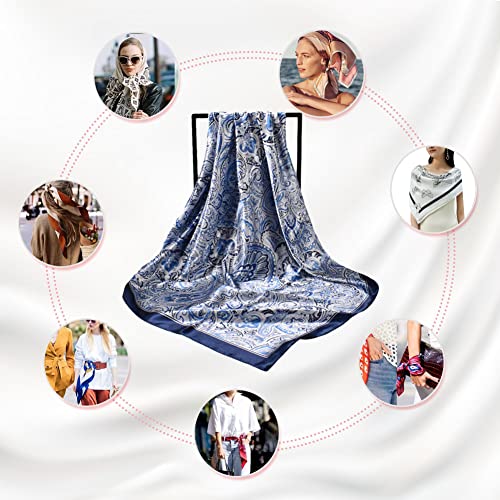 4Pcs Silk Head Scarves for Women Satin Hair Scarf 35”Large Square Bandana Silk Like Neck Scarf Shawl - color: Black/Gray/Orange/Navy