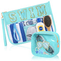 Hillban 2 Pcs Swim Bag Chenille Letter Preppy Patch Makeup Pouch Flat Clear Pouch PVC Organizer Purse Waterproof Travel Cosmetic Bags Pool Swim Coach Team Gifts for Women - style: Swim Theme