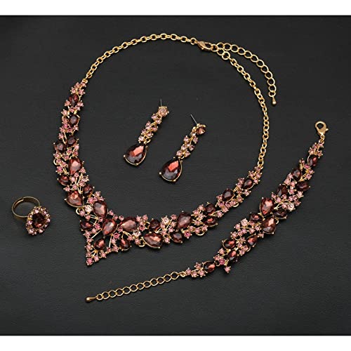 CSY 4 Pcs/Set Austrian Crystal Necklace Earrings Bracelet Ring Bridal Jewelry Sets for Brides Wedding Party Costume Accessories Gifts for Women - color: 02-gold plated-amethyst