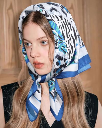 AWAYTR 27.5” Square Satin Head Scarf Hair Scarf for Women's Hair Silk Bandana for Women Silk Head Wrap for Sleeping - color: Cashew Print (Blue)