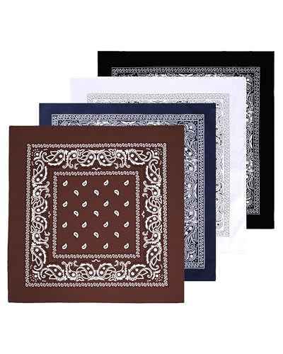 Bycc Bynn Large 27" x 27" 100% Cotton Bandanas - Set of 4 - color: White+brown+navy Blue+black