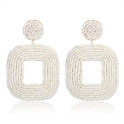 Beaded Drop Earrings Multicolored Seed Bead Earrings for Women Bohemia Statement Square Bead Hoop Dangle Earrings for Wedding Party Vacation - color: E White