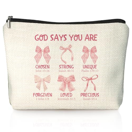 God Says You Are Pink Christian Makeup Bag, Coquette Pink Bow Preppy Cosmetic Bags for Women, Inspirational Christian Gifts for Women, Preppy Aesthetic Zipper Makeup Pouch - color: 01-God Says You Are