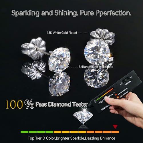 Moissanite Stud Earrings, G23 Hypoallergenic Titanium Stud Earrings for Women Men, Round Cut D Color VVS1 Clarity 18K White Gold Palted Multicolor Moissanite Jewelry, 0.6CT-3.0CT - color: White, size: (1.0ct*2)-6.5mm-2.0 Carat