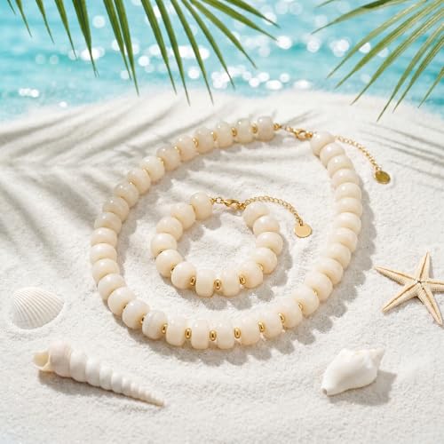 Gmai Chunky Bead Necklace and Bracelet Set for Women Boho Big Bead Statement Necklace Adjustable Fashion Trendy Summer Necklaces Jewelry Gift Set - color: white 2pcs set