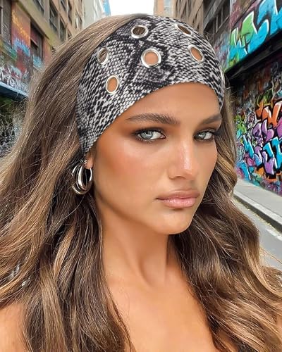 AWAYTR Women Hollow Out Eyelet Elastic Headband Y2K Wide Grommet Hairband Punk Grunge Wide Band for Girls (Snakeskin pattern/White Wave/Cashew Black, One size) - color: Snakeskin pattern/White Wave/Cashew Black