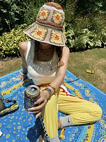 Women Straw Sun Hat Floral Woven Crochet Bucket Hat Y2k Aesthetic Accessories Beach Hat Hand Woven Boho Foldable Cap - color: Lavender