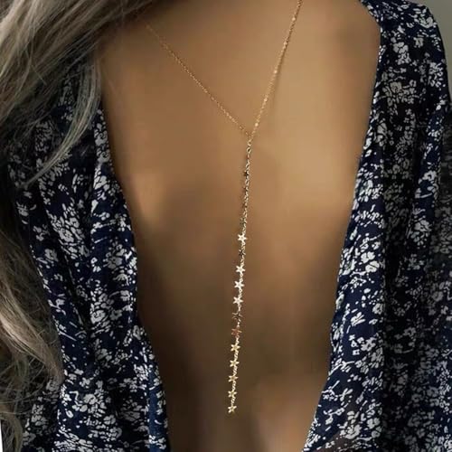 Star Sequin Backdrop Necklace for Women Backless Dress Back Necklace Stars Drop Back Chain Body Jewelry - color: Gold