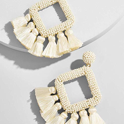 Long Tassel Earrings Statement Bohemian Pom Ball Handmade Drop Dangle Earrings for Women - style: S-beige
