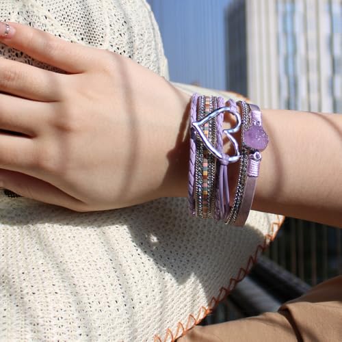 Womens Multi Layer Heart Leather Wrap Bracelet Boho Stackable Cuff Bangle Magnetic Clasp Crystal Birthday Valentine Gift - color: Purple