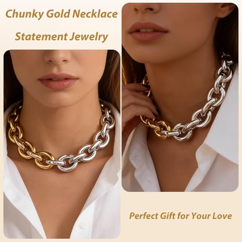 Long tiantian Chunky Gold Necklace Stack Chain Necklaces for Women Statement Layered Paperclip Choker Necklaces Statement Necklace for 80s 90s & Night Out Outfits Paperclip Style Fashion Jewelry - color: B5：Style O-Gold Silver Chain