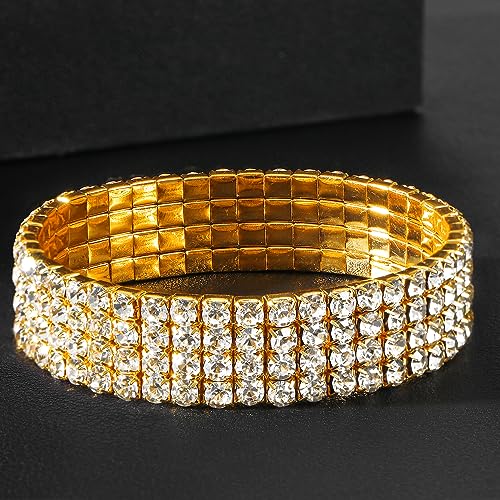 Zealmer Sparkle Multicolor Rhinestone Stackable Stretch Bracelets for Women - color: 4 Row Gold Bracelet