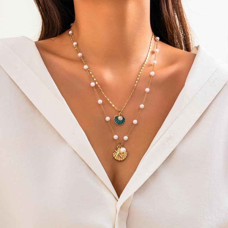 Layered Charm Necklace Boho Summer Jewelry Beach Vacation Gift for Women Surfer Accessories Gold-Filled Chain Summer Jewelry - color: A2