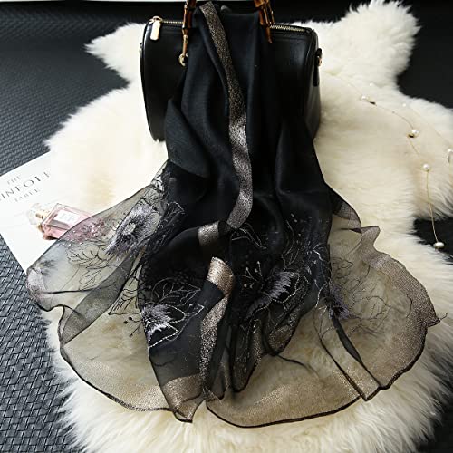 WINCESS YU Women Mulberry Silk Scarf Long & Large Embroidered Floral Pattern Shawl and Wraps Neckerchief for Hair & Neck - color: Sunflower Black