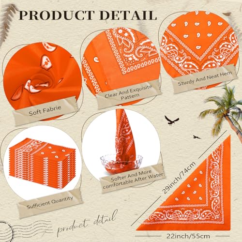 Suhine 12 Pcs Bandanas Bulk for Women Men 22 x 22 Inch Paisley Headband Cowboy Handkerchief Summer Beach Party Costume - color: Deep Orange