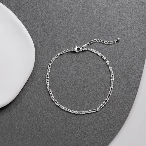 Silver/Gold Anklets for Women, Sterling Silver Evil Eye Ankle Bracelets for Women Trendy Dainty Waterproof Anklets Set Adjustable Layered Anklet Bracelets for Women Silver Jewelry Gift - style: SquarePoint-Silver