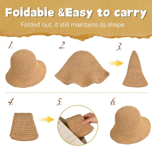 Sun Hat for Women Beach Hat Straw Bucket Hat Summer UV Protection, Packable Breathable Crochet Style - color: 1pack-khaki