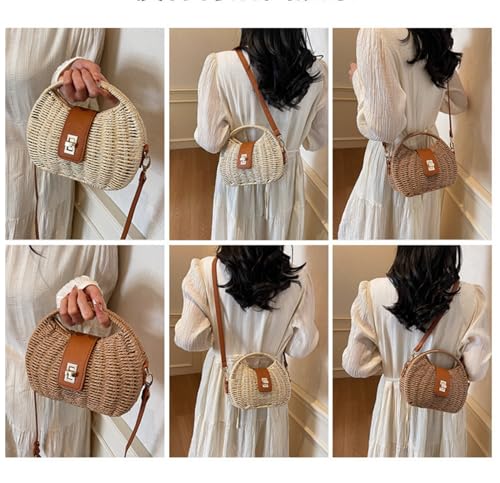 Handmade Straw Woven Bag Beach Clutch Purses Women Vacation Shell Shoulder Crossbody Summer Dumpling Handbag Basket Tote - color: B-beige