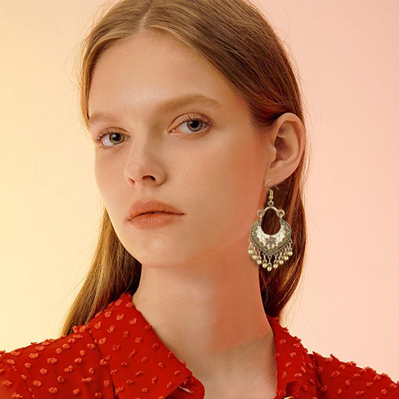 Vintage Boho Statement Drop Dangle Earrings for Women Bohemian Ethnic Handmade Beaded Charms Earring Bohemian Retro Chandelier Tassel Earrings Mexico Gypsy Jewelry Gift - color: Gold-White