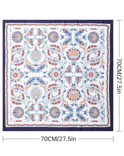 AWAYTR 27.5” Square Satin Head Scarf Hair Scarf for Women's Hair Silk Bandana for Women Silk Head Wrap for Sleeping - color: Flower (Dark Blue + White)
