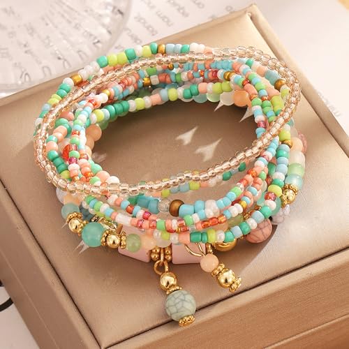 IFKM 8PCS Beaded Bracelets for Women, Multilayered Stackable Strand Stretch Bead Bracelet Pack Handmade Trendy Bohemian Charm Jewelry - color: Colorful