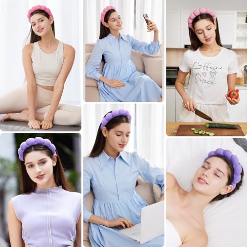 Spa Facial Headbands Combo Pack - 2 Terry Cloth Makeup Headbands for Face Washing, Masks, and Skin Treatments (Pink + Purple) - color: Pink + Purple