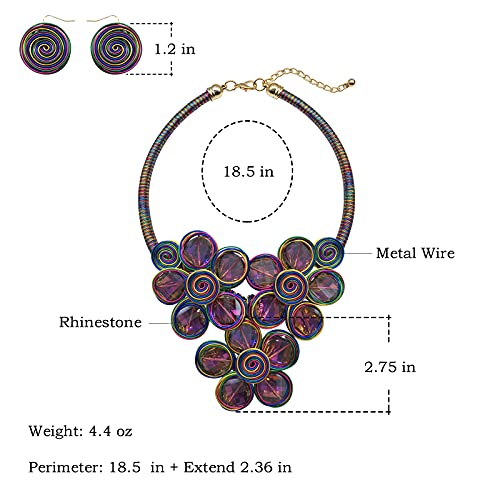 Statement Chunky Flower African Necklace For Women Tribal Fashion Costume Jewelry Earring Sets Unique Big Colorful Rhinestone Crystal Pendent Collar Choker Bib Handmade - color: three flowers colorful