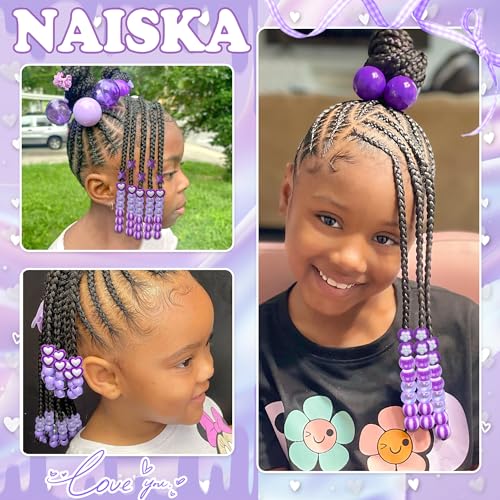 NAISKA 100PCS Purple Dreadlock Bead 10 Styles Kids Braids Beads Heart Loc Jewelry Cute Clip Beads for Hair Braids Kids Hair Accesssories for Girls - color: Purple