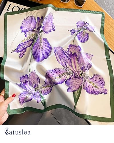 Saiusloa Neck Scarf For Womens Silky Head Scarves Hair Bandanas Square Scarf Fashion Accessories lightweight - color: 38-purple Irises With Green Edges