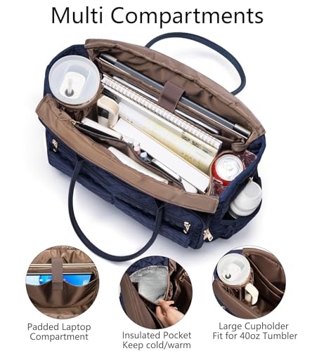 Bagstellar Teacher Bags for Women, 15.6 inch Laptop Work Tote Bag Quilted Nurse Bible Computer Shoulder Bag for School Travel | Dream Tote Work Bag - color: Navy Blue